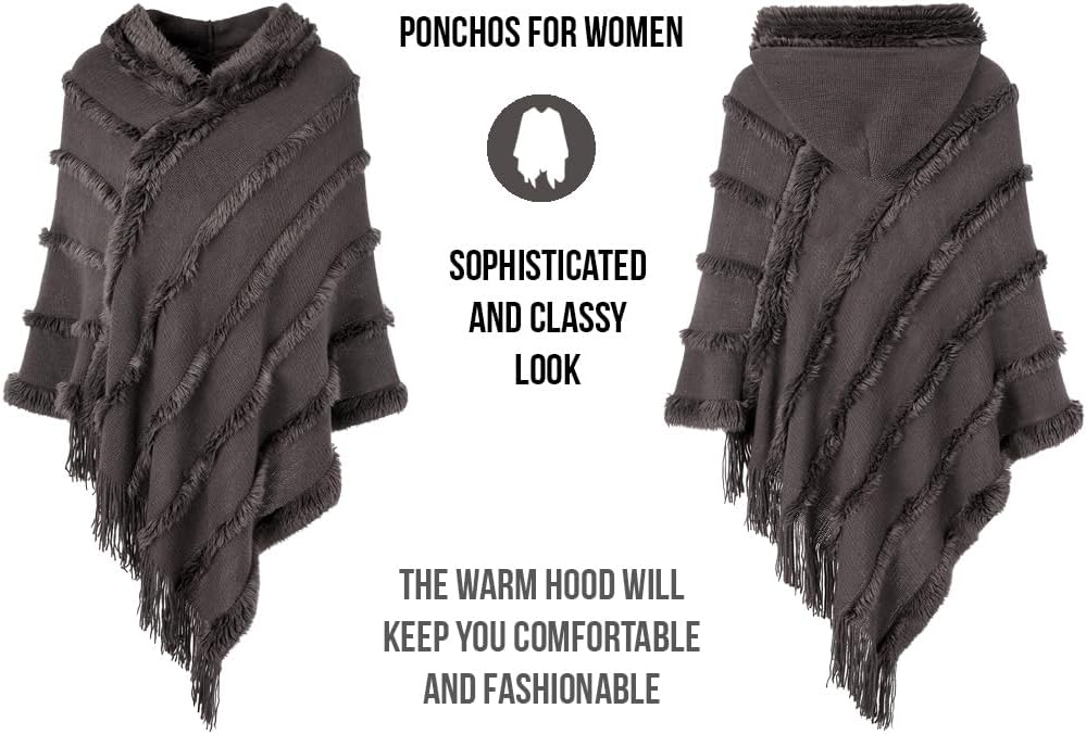 Ferand Poncho Damen mit Kapuze, Warmer Winterponcho, Gestreifte Cape Umhang mit Fransen Elegant, Gra