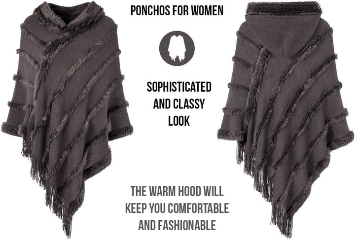 Ferand Poncho Damen mit Kapuze, Warmer Winterponcho, Gestreifte Cape Umhang mit Fransen Elegant, Gra