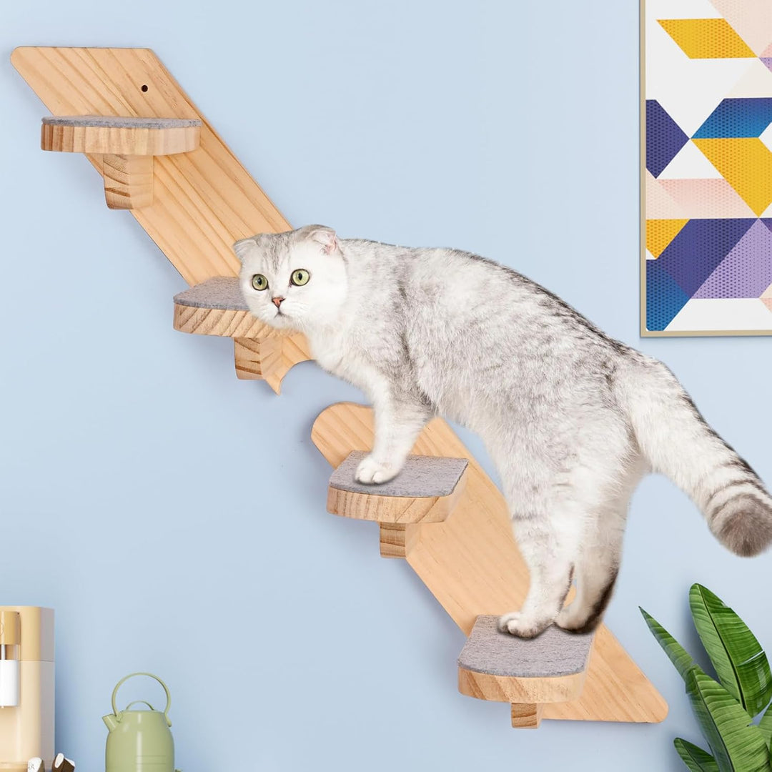Wand Montierte Katze Kletterregal - Holz Vier Schritt Treppe Mit Plüsch Bedeckt - Möbel für Klettern