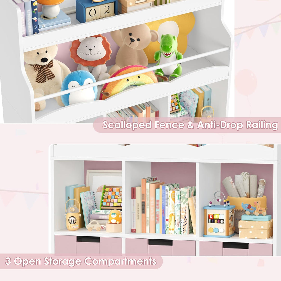 HOCSOK 110cm Kinderregal mit Boxen auf Rollen, Kinderbücherregal mit 4 Ablagefächern, Spielzeugregal