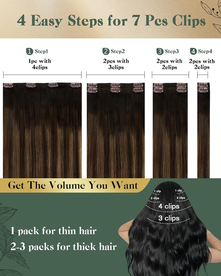 Ugeat Clip in Extensions Echthaar Balayage 35cm 120g Dunkelbraun Bis Kastanienbraun Doppelt Weft Ech