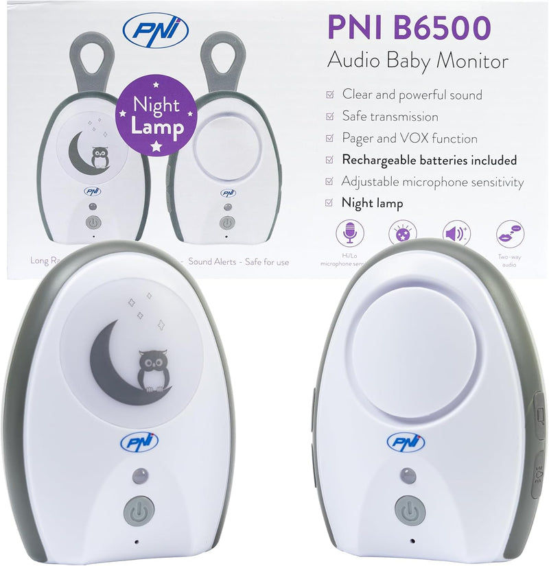 Audio Babyphone PNI B6500 kabellos, Gegensprechanlage, mit Nachtlampe, Vox- und Pager-Funktion, eins