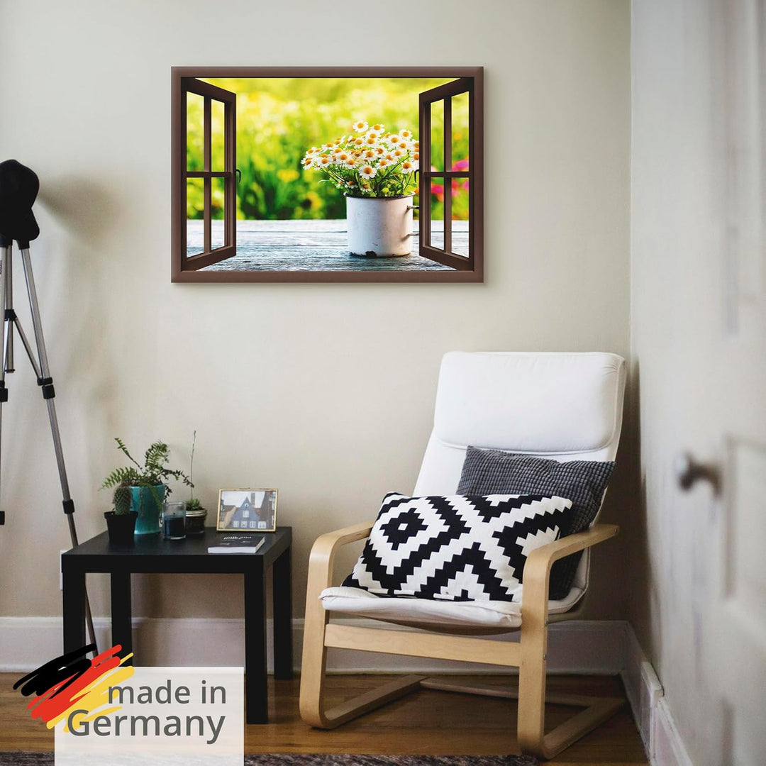 Artland Leinwandbild Wandbild Bild auf Leinwand 100x70 cm Wanddeko Fensterblick Fenster Botanik Blum