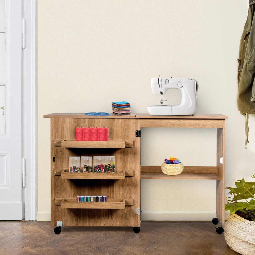 FANTASK Holz Nähschrank & Schreibtisch klappbar, Natur Nähtisch mit 3 Einlegeböden für Spulen, Nähti