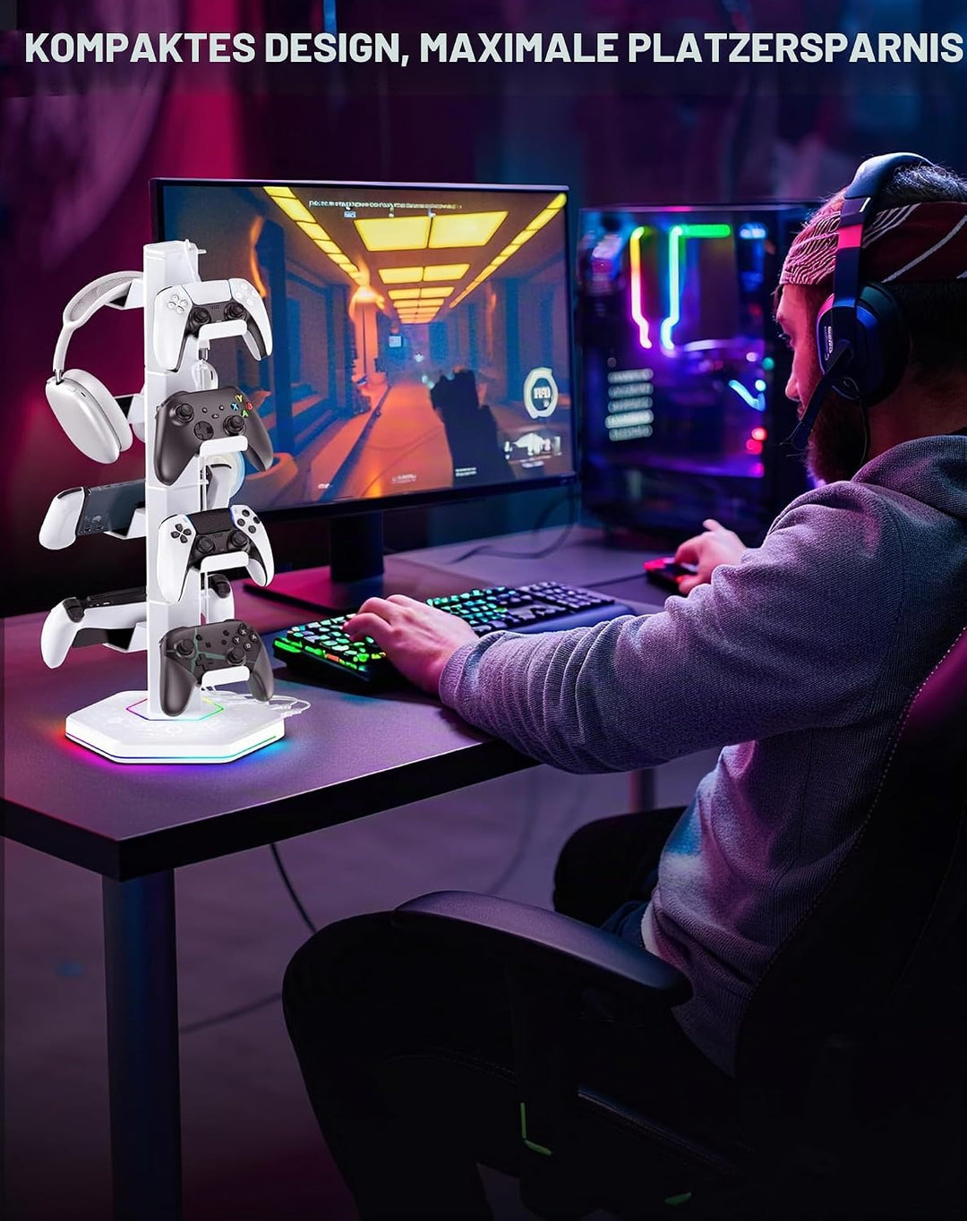 Gaming Controller Ständer mit 9 RGB Lichtmodi, Headset Halterung Tisch mit Abnehmbarer Controller Ha