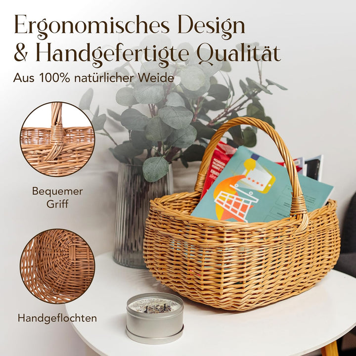 Creative Home Einkaufskorb Weidenkorb mit Henkel Picknickkorb | 36 x 26 x 31 cm (+/- 2 cm) | Handgef