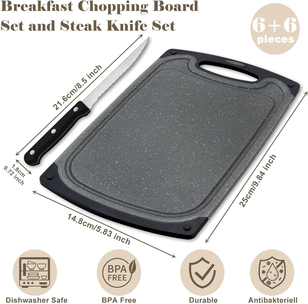 Frühstücksbrettchen 6er Set mit 6er Steakmessern, 25x15cm Kleines Dunkelgrau Frühstücksbrettchen Kun