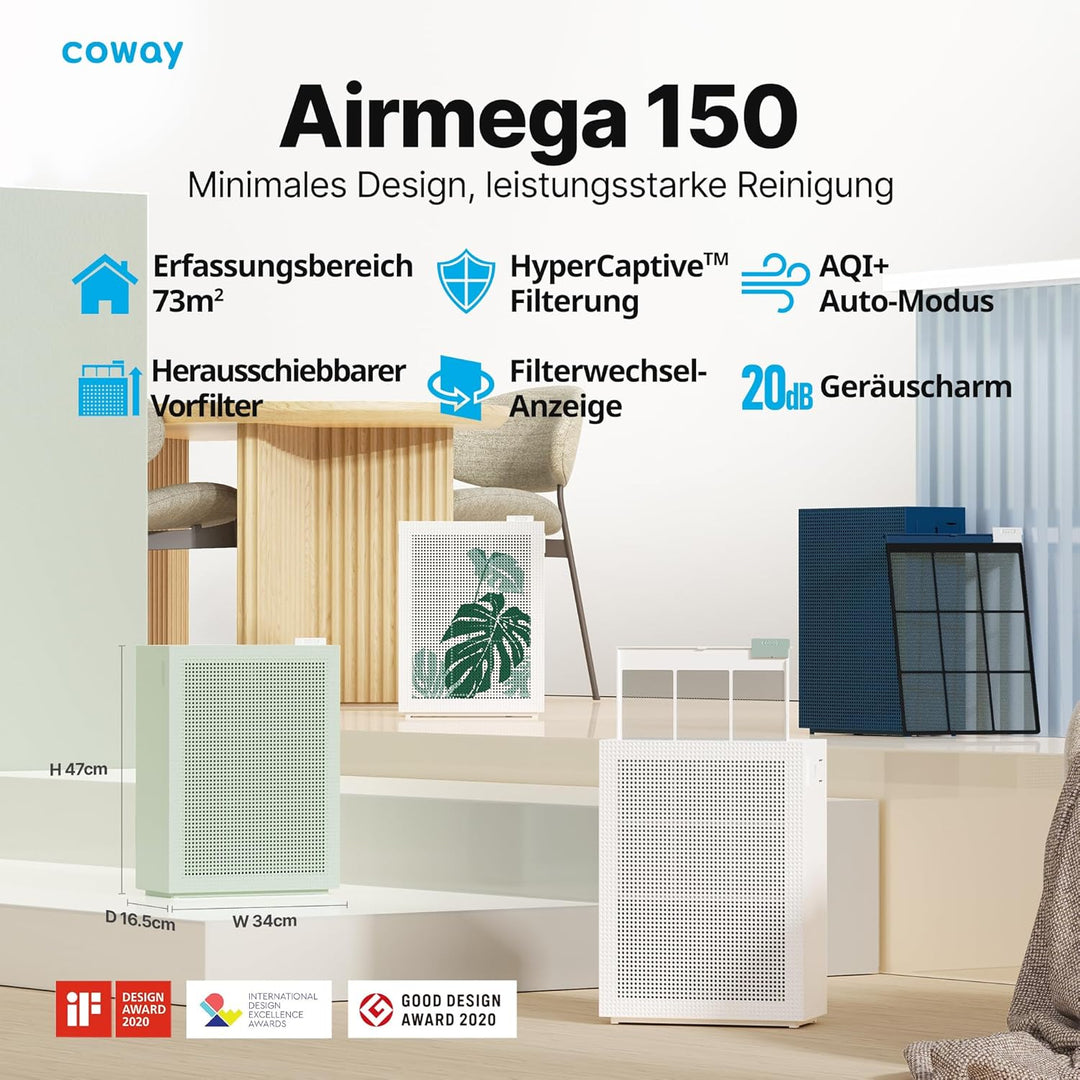 COWAY AIRMEGA 150 Luftreiniger bis zu 73 m², GreenHEPA™ Technologie, Entfernt 99,999% aller Partikel