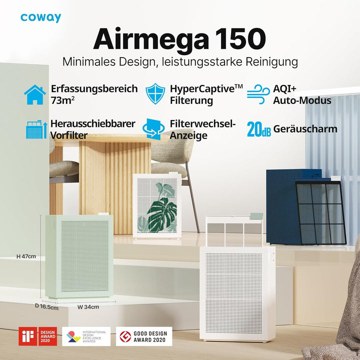COWAY AIRMEGA 150 Luftreiniger bis zu 73 m², GreenHEPA™ Technologie, Entfernt 99,999% aller Partikel