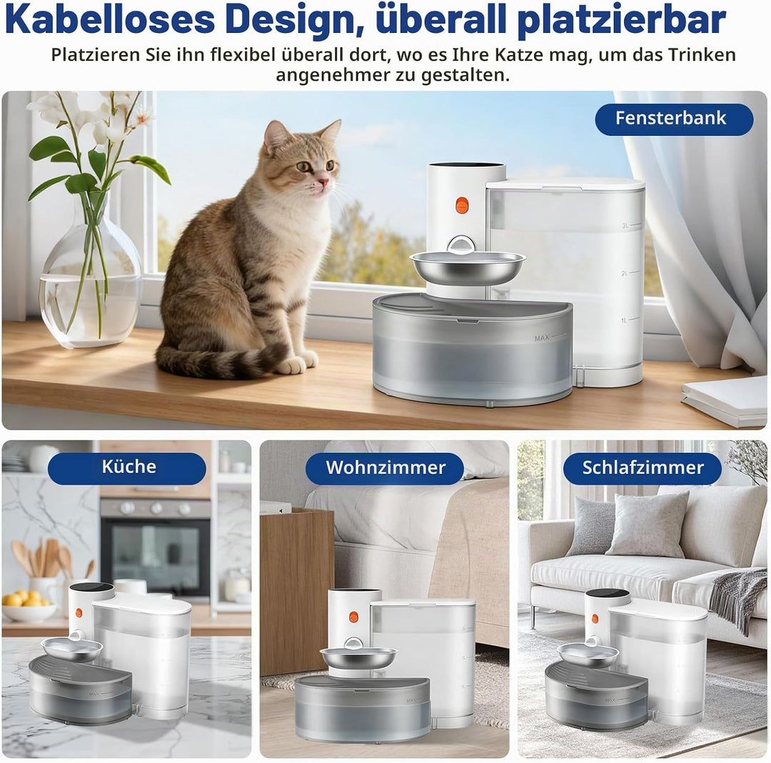 Trinkbrunnen für Katze Kabellos ohne Filter, 3.8L Katzenbrunnen Kabellos mit Abwasser-Trennungs-Syst