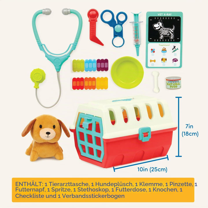 Battat – Welpenpflege Vet Kit – Mini-Tierarzt-Spielset (11 Teile) – Plüschhund &amp; Tragetasche – Aufkl