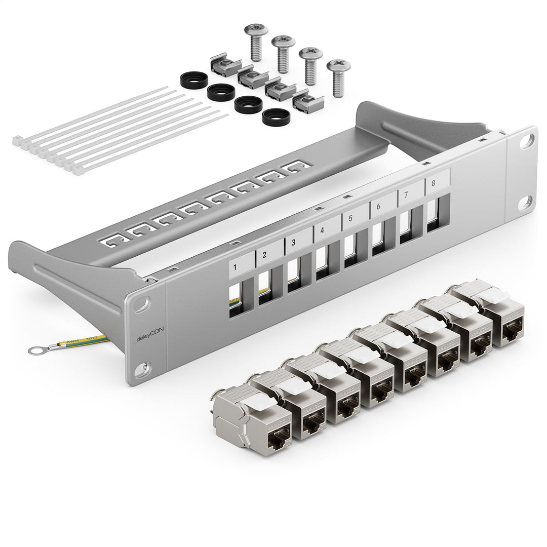 deleyCON 8 Port CAT7 Patchpanel SET Patchfeld Verteilerfeld Modular 1 HE 10" Zoll Rackeinbau + 8x CA