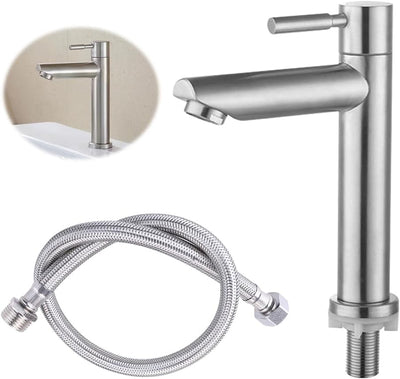 FENYW Wasserhahn Bad, Waschtischarmatur nur Kaltwasser aus Verchromtem Edelstahl mit 80CM Anschlusss