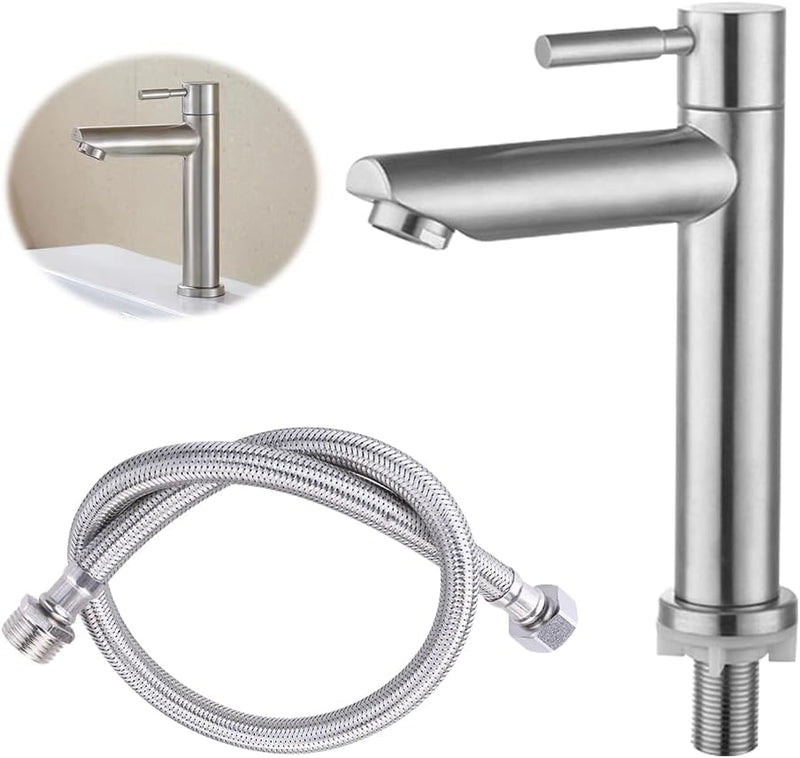 FENYW Wasserhahn Bad, Waschtischarmatur nur Kaltwasser aus Verchromtem Edelstahl mit 80CM Anschlusss