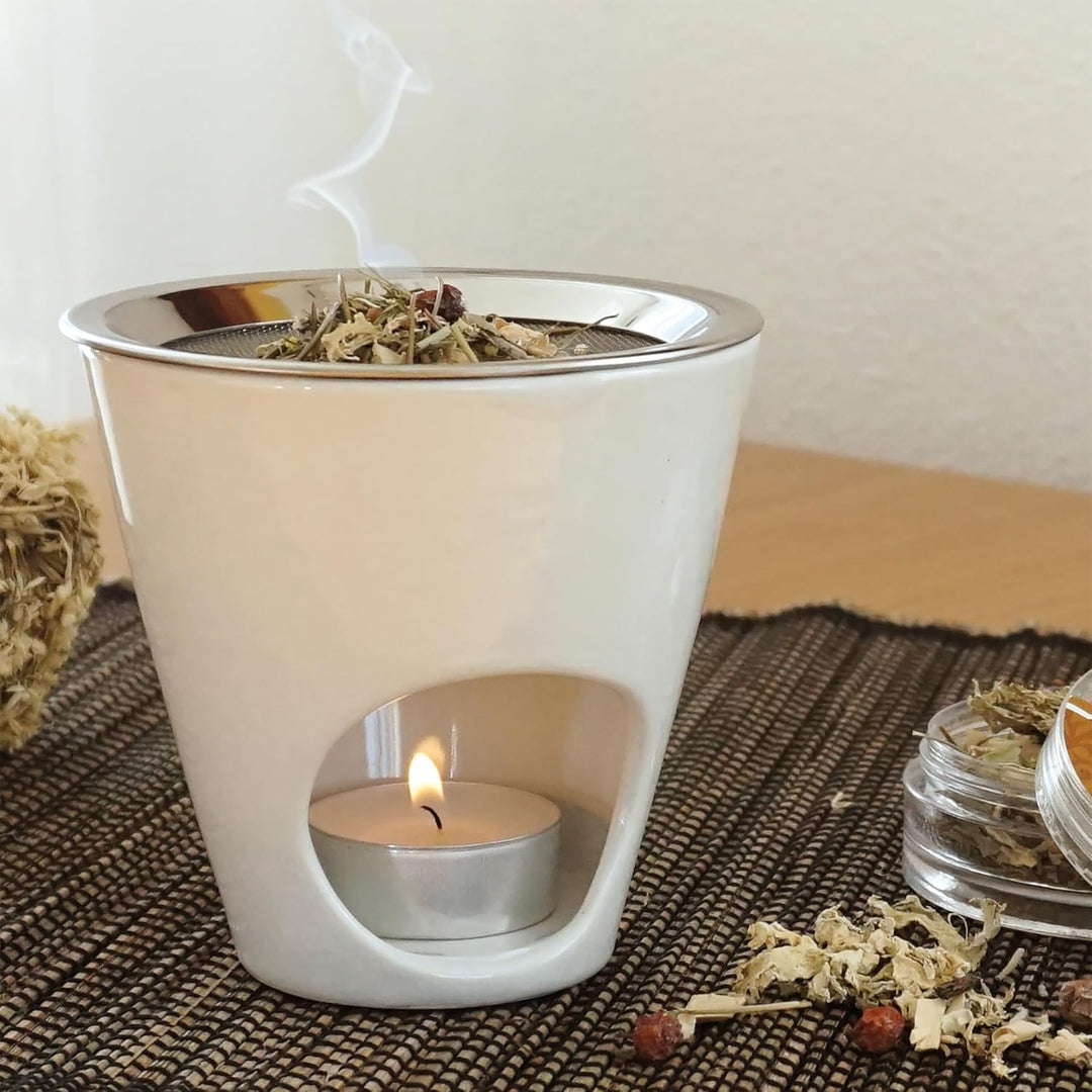 Bitto Weihrauchbrenner Windlicht Jule in Weiss 9,5 cm, Ø 10 cm - FAIR Trade Keramik mit Edelstahlsie