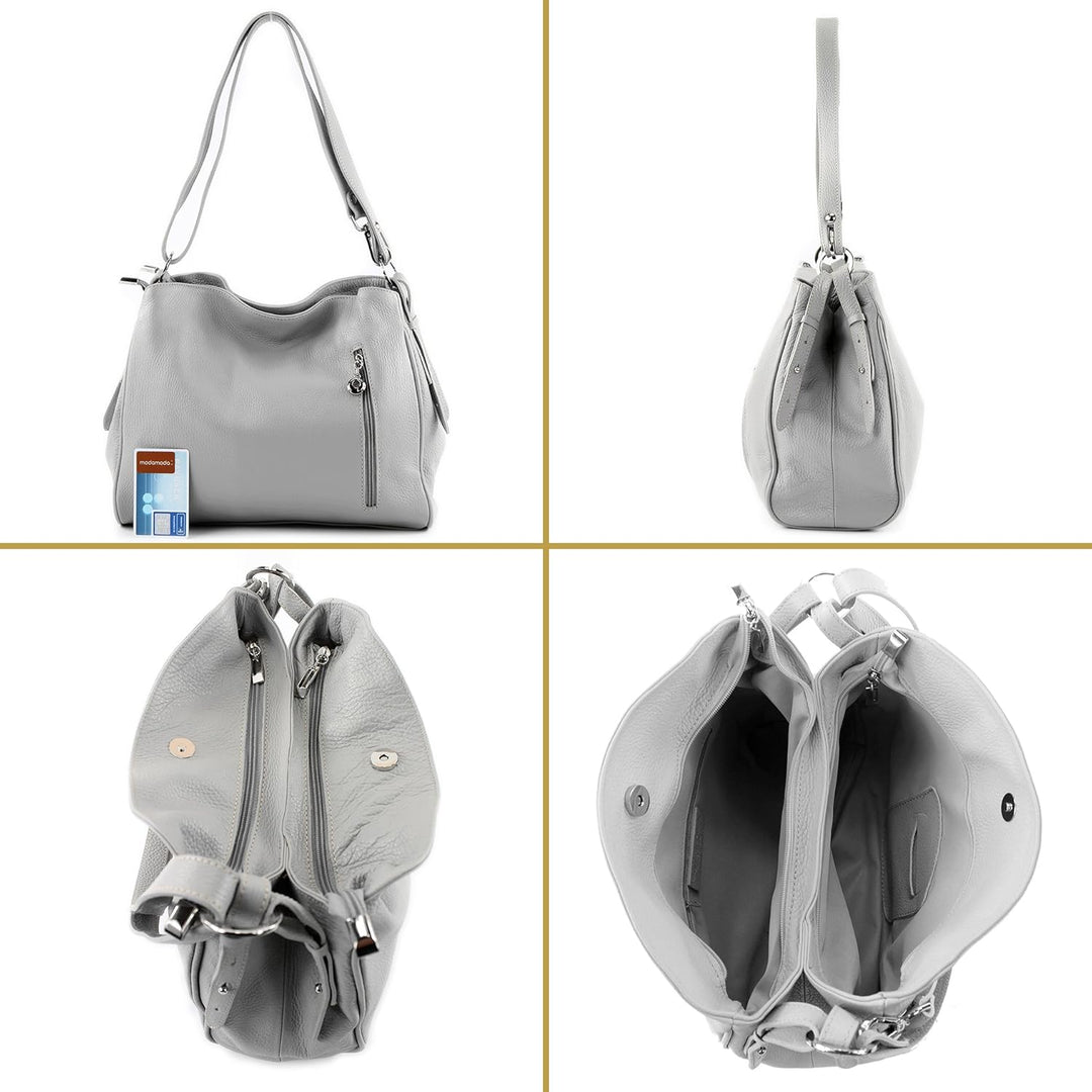 modamoda de T119 / T220 Damen Leder Schultertasche Umhängetasche 2 Grössen handmade in Italy Grau/Du