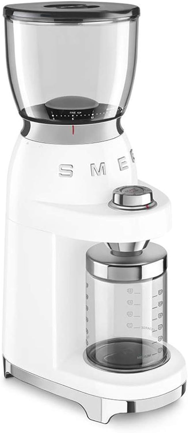 SMEG, Kaffeemühle CGF01WHEU, konisches Edelstahlmahlwerk, 30 Mahlgrad Einstellungen, 350 g Kaffeeboh