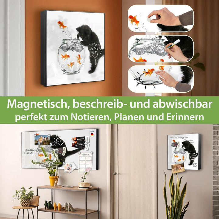banjado® Grosser Schlüsselkasten Glas/Schlüsselbox 30cm x 30cm mit 50 Haken - Motiv Katze Und Fisch/