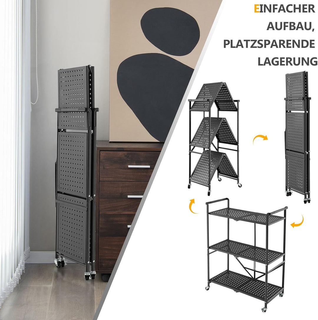 GOPLUS Servierwagen aus Metall, Küchenwagen klappbar mit Rädern, 3-stufiges Metallregal mit praktisc