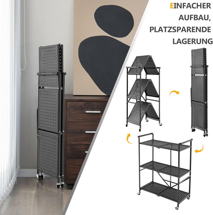 GOPLUS Servierwagen aus Metall, Küchenwagen klappbar mit Rädern, 3-stufiges Metallregal mit praktisc