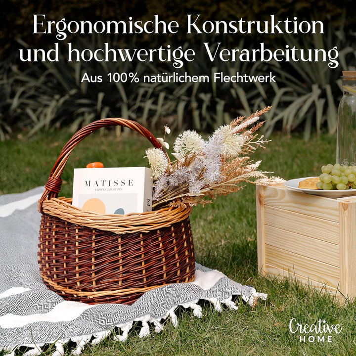 Creative Home Grosser Picknickkorb Weidenkorb mit Henkel Einkaufskorb Zweifarbig | 43 x 33 x 40 cm |