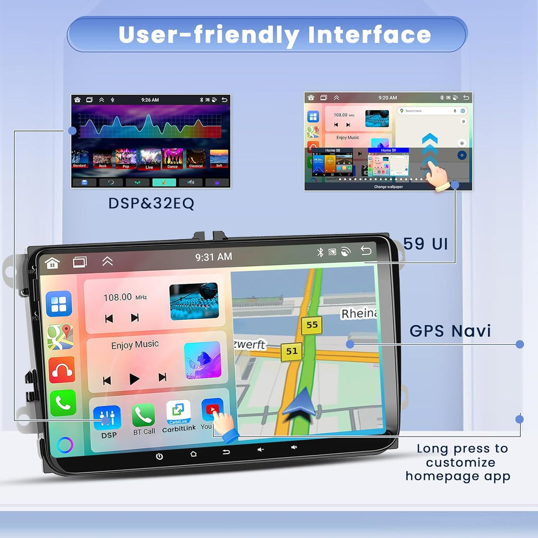 Hikity 8 core 4+64GB Android 15 Autoradio für VW Golf 5 6 Passat Polo Tiguan Touran Caddy Skoda, 9"