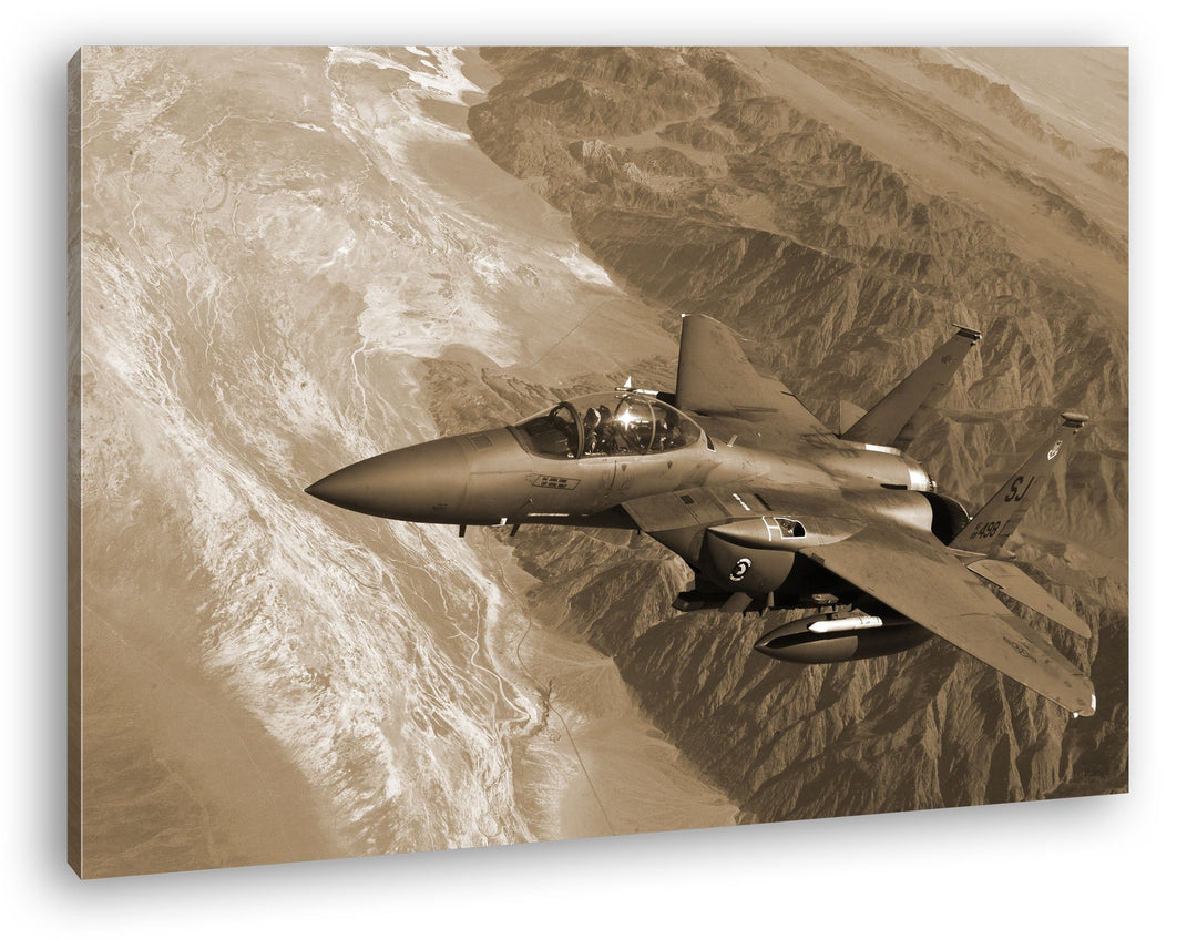 gewaltiger Kampfjet über den Bergen Format: 60x40 Effekt: Sepia als Leinwandbild, Motiv fertig gerah