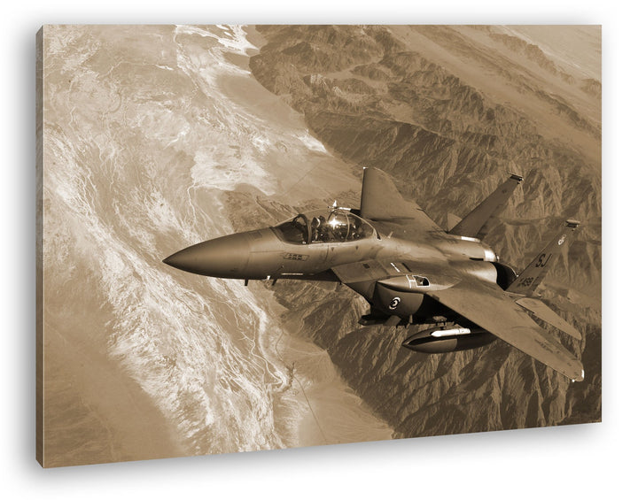 gewaltiger Kampfjet über den Bergen Format: 60x40 Effekt: Sepia als Leinwandbild, Motiv fertig gerah