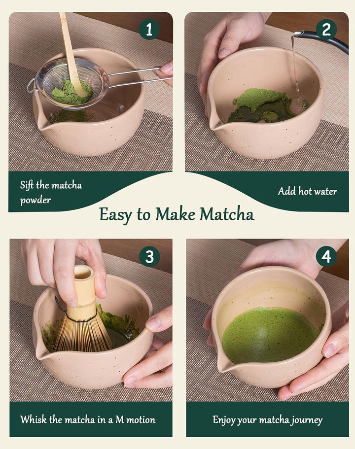 Matcha Set 6, Japanisches Matcha Schale &amp; Bambusbesen Set mit Edelstahl-Sieb, Besenhalter, Dosierlöf