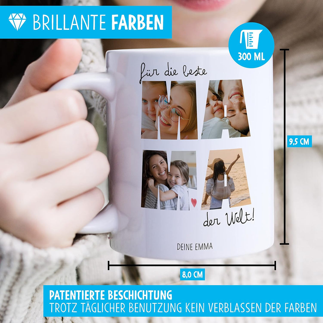 OWLBOOK® Tasse Beste Mama mit 4 Fotos & Spruch selbst gestalten | Fototasse mit eigenem Bild & Text