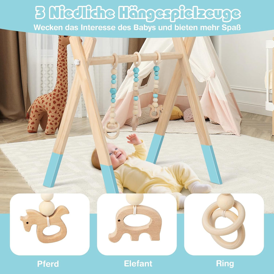 COSTWAY Baby Spielbogen Holz, Spieltrapez klappbar, Baby Gym mit 3 abnehmbaren Kinderspielzeugen, Sp