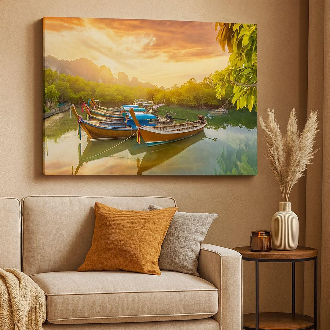 Bilder auf Leinwand 100x70cm Leinwandbild mit Rahmen Berge Boot Wasser Gross Wanddeko Bild Schlafzim