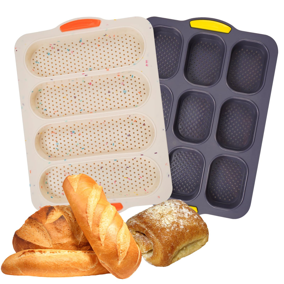 Backform Silikon Baguette Kuchenform Set 2 Stücke - 4-fach Beige & 9-fach Grau - 33,5x23,5x2,5cm - F