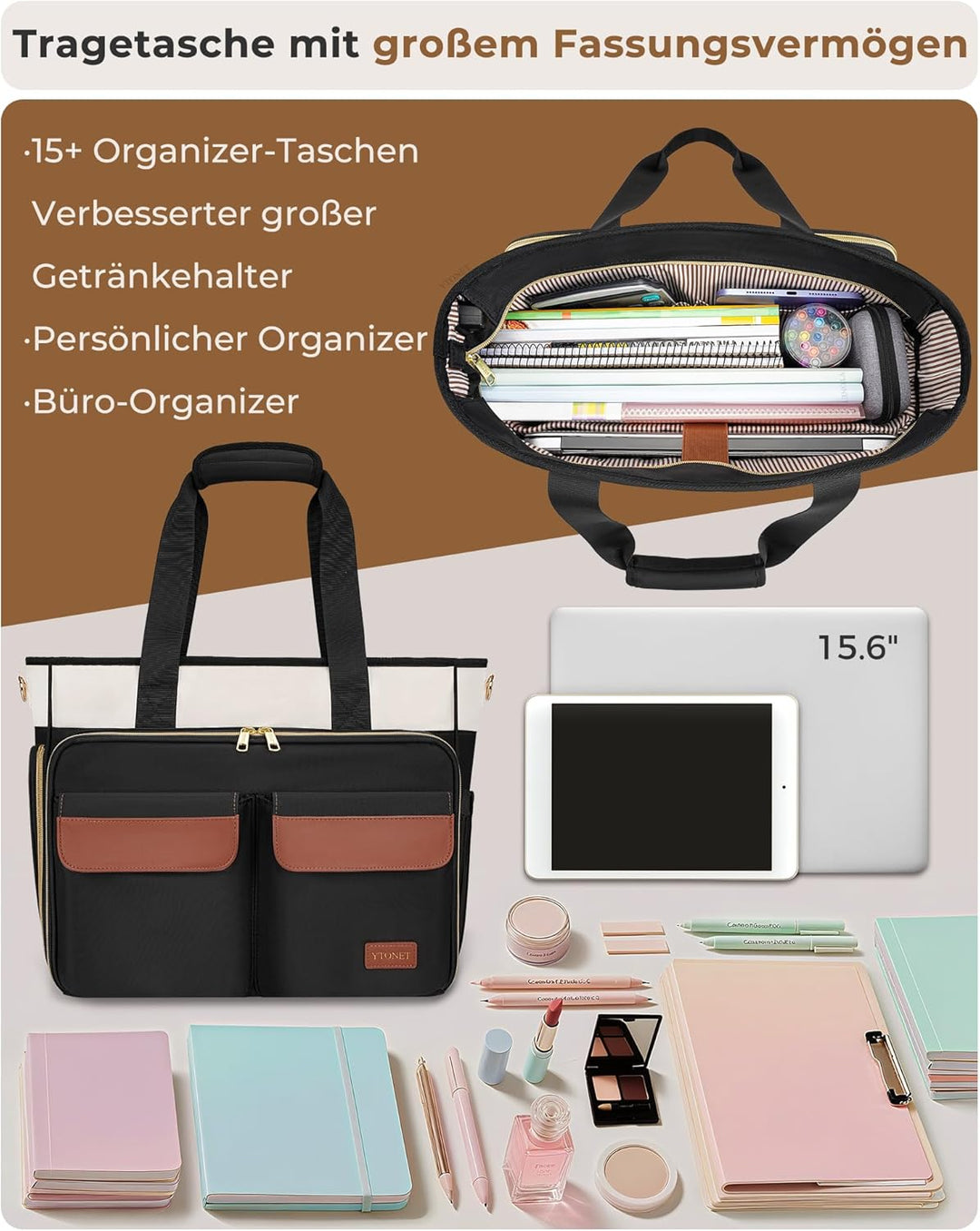 Ytonet Lehrertasche Damen Gross, Schützend Laptoptasche 15,6 Zoll mit Dokumentenmappe A4, Gross Arbe
