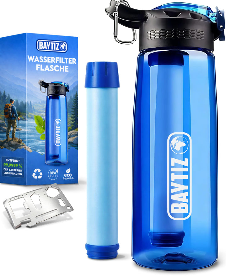 BAYTIZ- Trinkflasche + Strohhalm Filter + Carabiner - Wasserfilter Outdoor mit Aktivkohle - Sport Üb