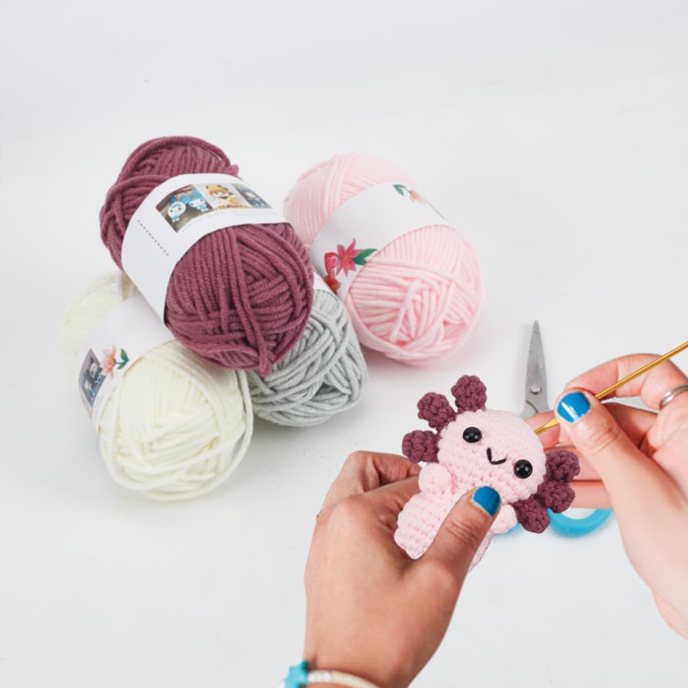 FREEBLOSS Häkelset Axolotl Häkelgarn und Häkelnadel Set mit Anleitung - Häkeltier Set für Handarbeit