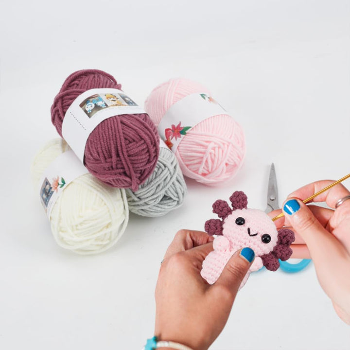 FREEBLOSS Häkelset Axolotl Häkelgarn und Häkelnadel Set mit Anleitung - Häkeltier Set für Handarbeit
