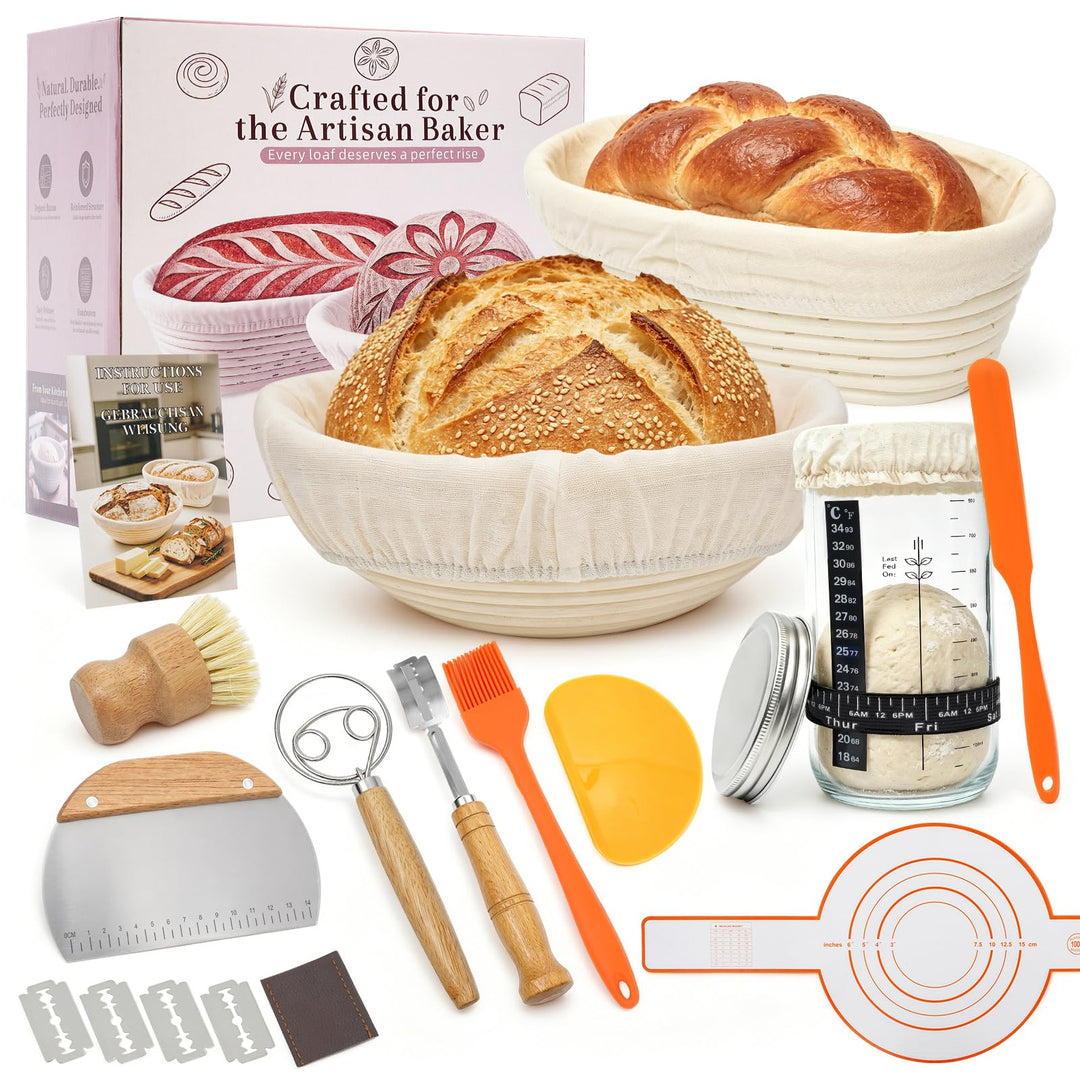 Sauerteig Starter Set, 2 Gärkörbchen aus Reinem Naturrattan(23cm Rund & 25cm Oval), Lebensmittelecht