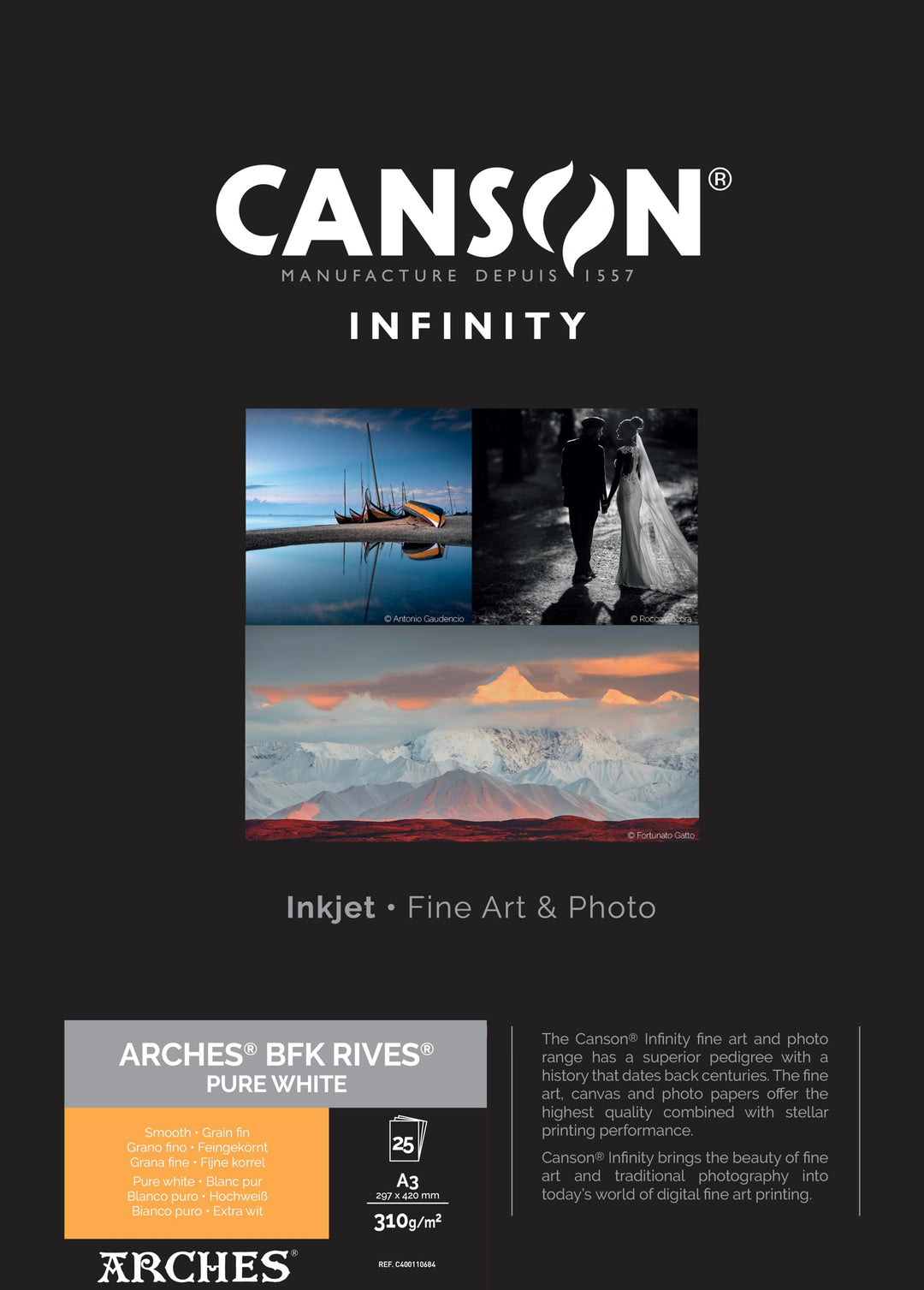 Canson Infinity BFK Rives Fotopapier, A3, strukturiert, reinweiss, 25 Blatt, 310 g