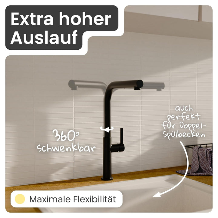 instmaier Cassia | Küchenarmatur mit herausziehbarem Auslauf | schwarz matt | Wasserhahn Küche 360°