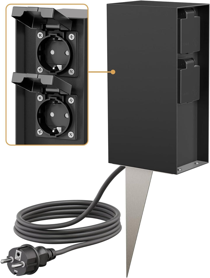 ledscom.de Garten-Steckdosen-Säule POMI mit Erdspiess und 2m Kabel für aussen, IP44, 4-Fach, schwarz