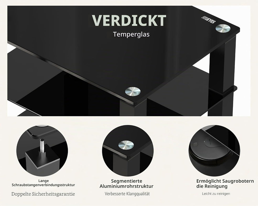 FITUEYES TV Rack HiFi Regal Audio Schrank Glas und Alu 600x455x770mm AS406002GB