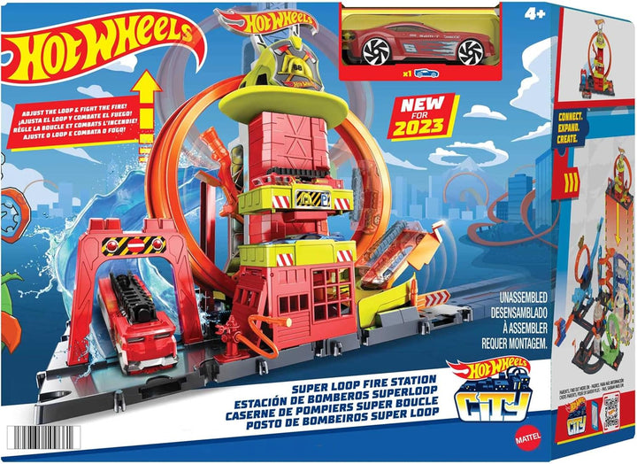 Hot Wheels City Super-Looping Feuerwache - Spielset mit manuellem Aufzug und wasserähnlicher Rampe u