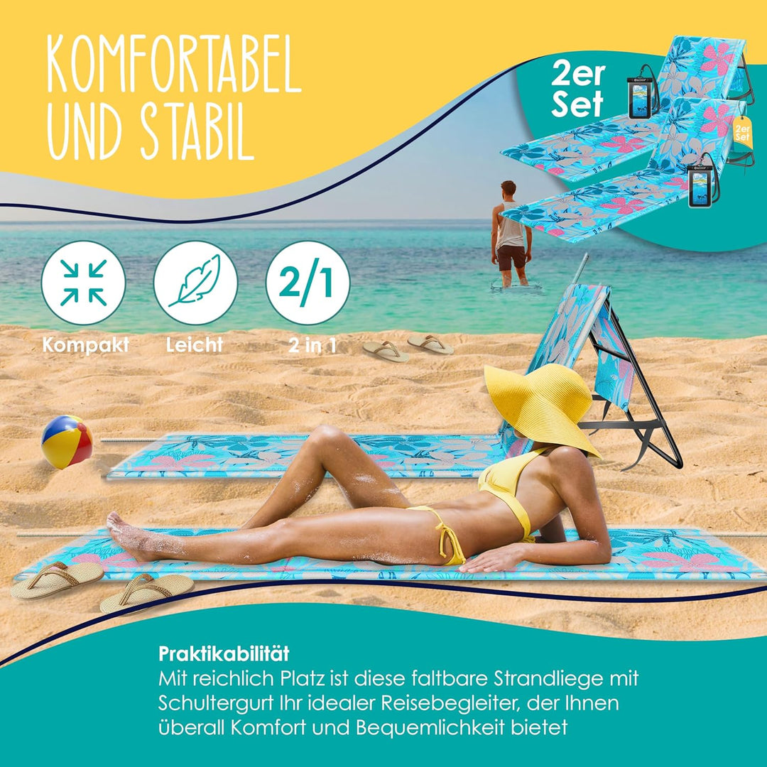 KESSER® 2er Set Strandmatte klappbar mit Verstellbarer Rückenlehne, Tragegurt, wasserdichter Tasche