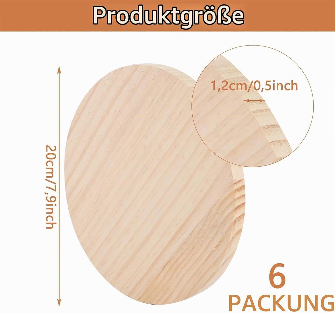SHUESS 6 Stück Holzscheiben 20 cm Durchmesser, Baumscheiben 20 cm aus Kiefernholz, Holzplatte rund 1