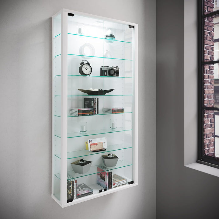 VCM Wandvitrine Sammelvitrine Glasvitrine Wand Vitrine Regal Schrank Glas ohne Beleuchtung Weiss "Vi