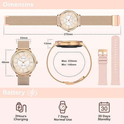 Nendefin Smartwatch Damen mit Telefonfunktion，Smart Watch mit Diamanten Armband，Sprachassistent Fitn