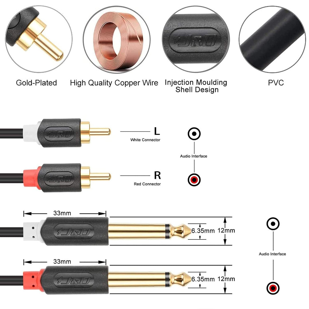 J&D Cinch auf 6.3mm Klinke Kabel 6,2 m, Gold-Plated 2x Male Cinch auf 2x Grosse Klinke Mono Audio Ka
