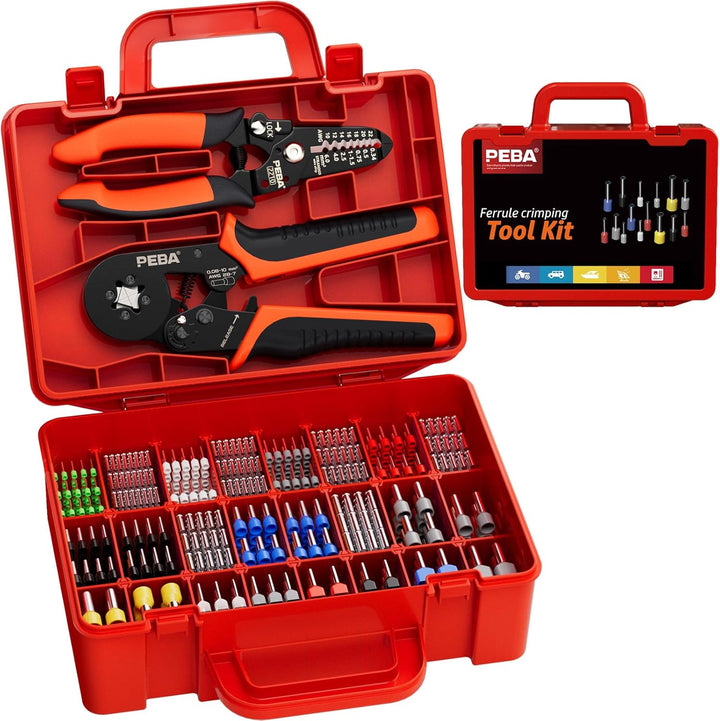 PEBA Crimpzange Aderendhülsen Set, Zange [0,25– 10mm2] mit 24 Stile Aderendhülsen+Abisolierzange, Se