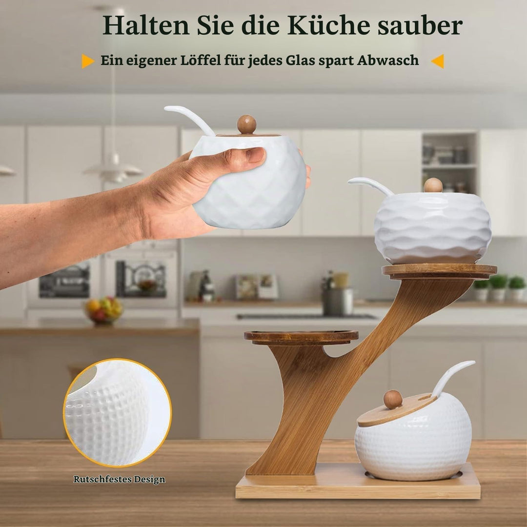 MIATTCLD Keramik Gewürzgläser 3er Set, Zuckerdose Gewürzdosenset mit Bambus Deckel, Löffel und Table